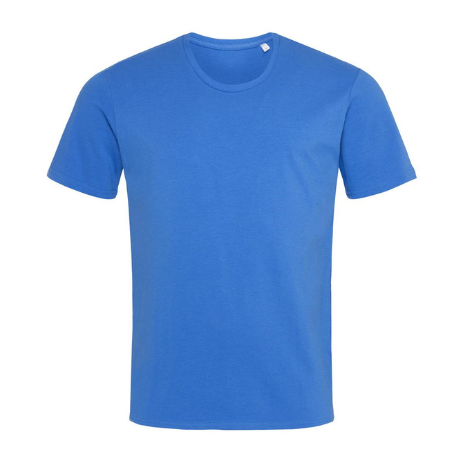 A blue crew neck t-shirt featuring short sleeves and a plain design. It has a small logo on the neckline.