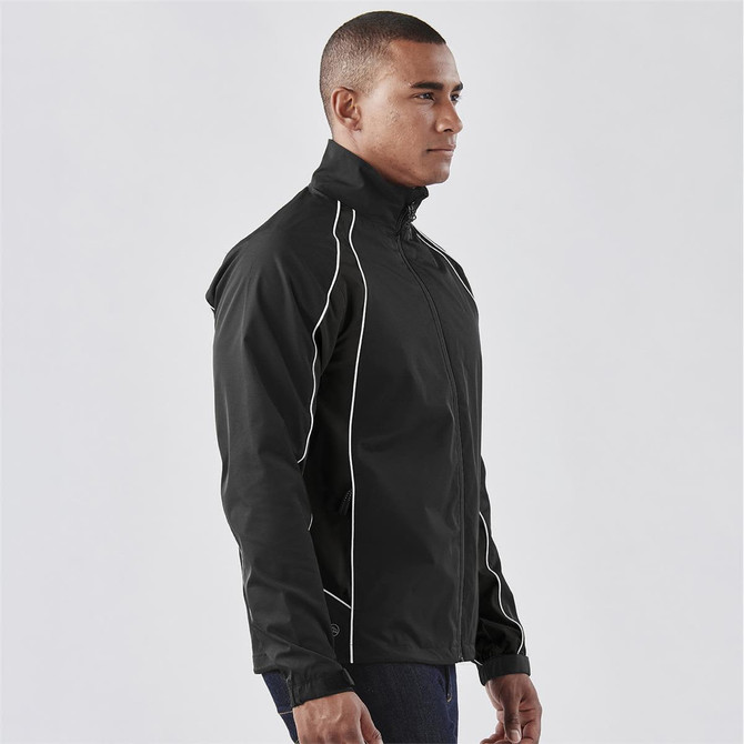 A men's black training jacket with white accent lines, featuring a high collar and zip fastening. It has a logo on the sleeve.