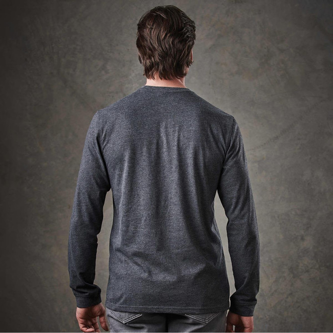 A long-sleeve henley shirt in dark grey, featuring a simple design and a logo on the back.
