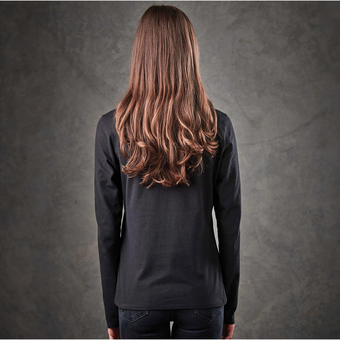 A long-sleeved black women's Henley shirt displayed from the back, featuring a fitted design.