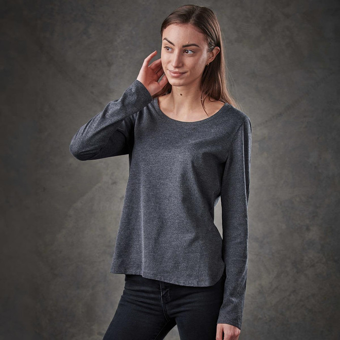 A long-sleeve women's tee in dark grey with a relaxed fit and crew neckline, featuring a logo on the garment.