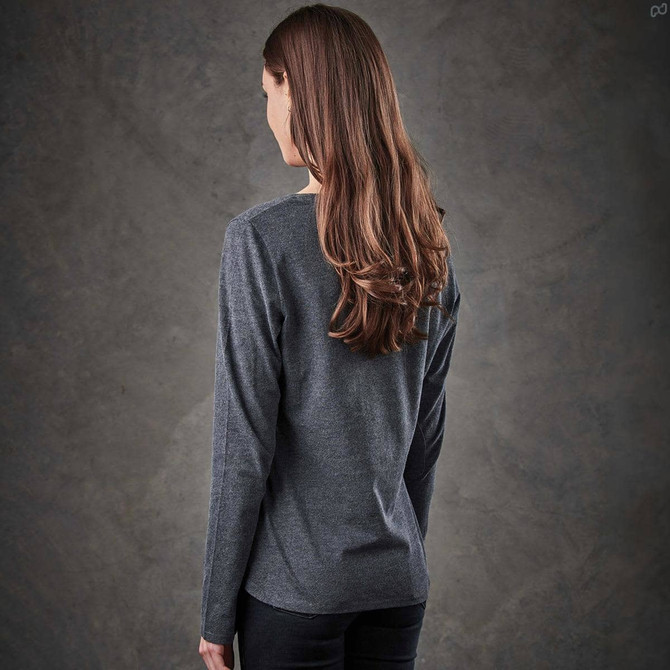 A long-sleeved women's T-shirt in a dark grey colour, featuring a simple design and a back view.