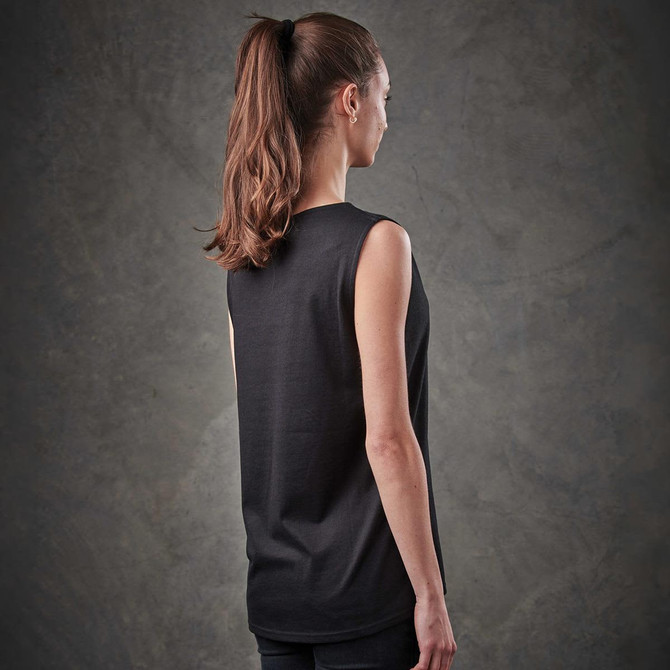 A woman with long hair wearing a black sleeveless tank top, viewed from the back. The top has a simple design and a logo.