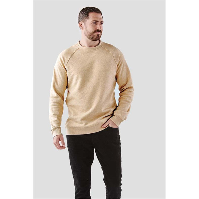 A beige men's fleece crew neck sweater with a relaxed fit and raglan sleeves, featuring a logo.