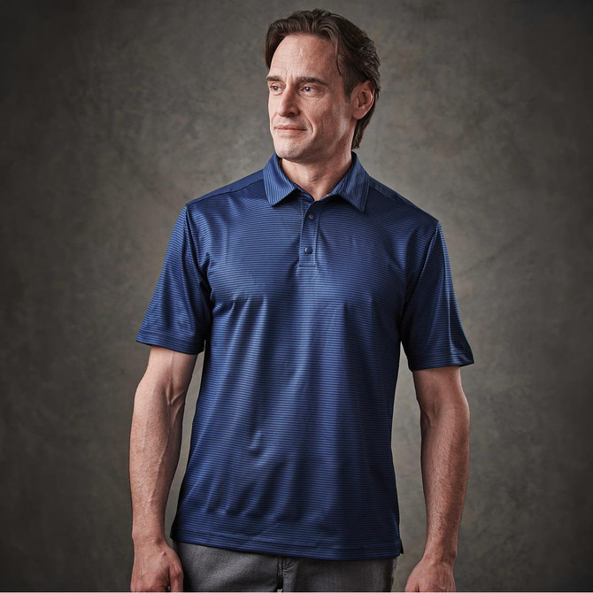 A navy blue polo shirt with a subtle striped pattern and a collar, featuring a logo on the chest.
