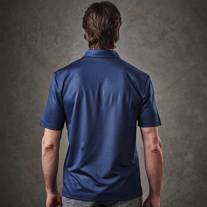 A navy blue men's polo shirt with a subtle striped pattern, featuring a standard collar and short sleeves.