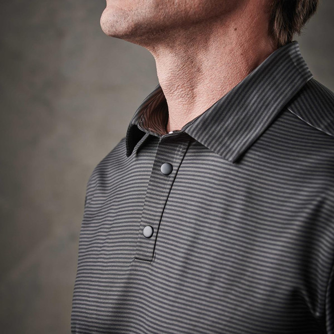 A men's polo shirt in grey with subtle stripes and a branded logo on the collar.