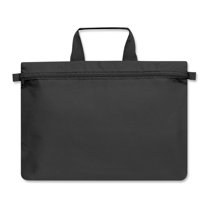 A black Expo Satchel with a zippered closure and two carrying handles.