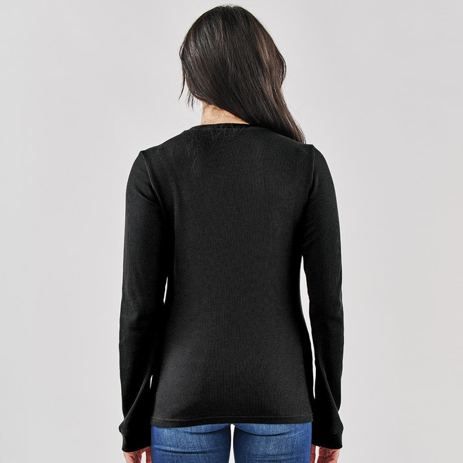 A black long-sleeve crew neck shirt displayed from the back, featuring a fitted design.