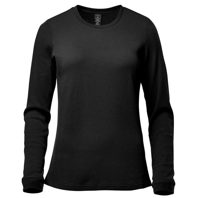 A black women's crew neck shirt with long sleeves and a textured fabric. The shirt features a logo.