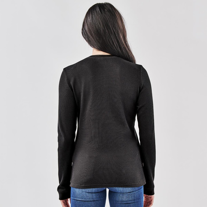 A black long-sleeve women's shirt with a ribbed texture, featuring a simple design and a logo on the back.