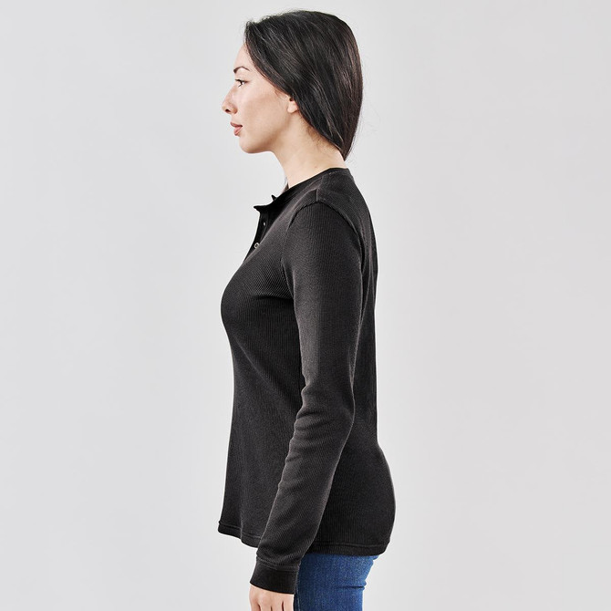 A black women's long-sleeve henley shirt, featuring a buttoned neckline and fitted silhouette.