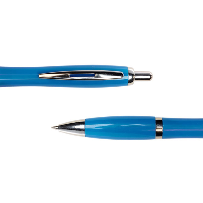 A blue plastic pen with a shiny silver clip and trim, showcasing its top and pointed ends.