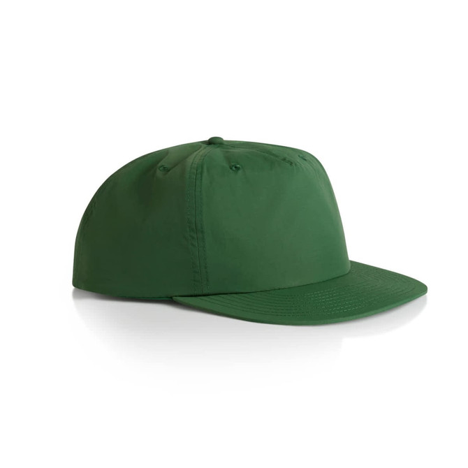 A green cap with a flat brim and a comfortable fit. Features stitching details and a logo.