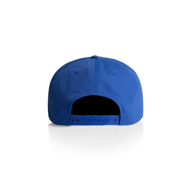 A blue cap with a flat brim and an adjustable strap at the back. Features a logo on the side.
