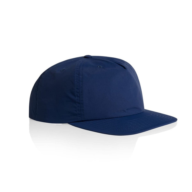 A navy blue cap featuring a flat brim and a logo on the front. The design is simple and sporty.