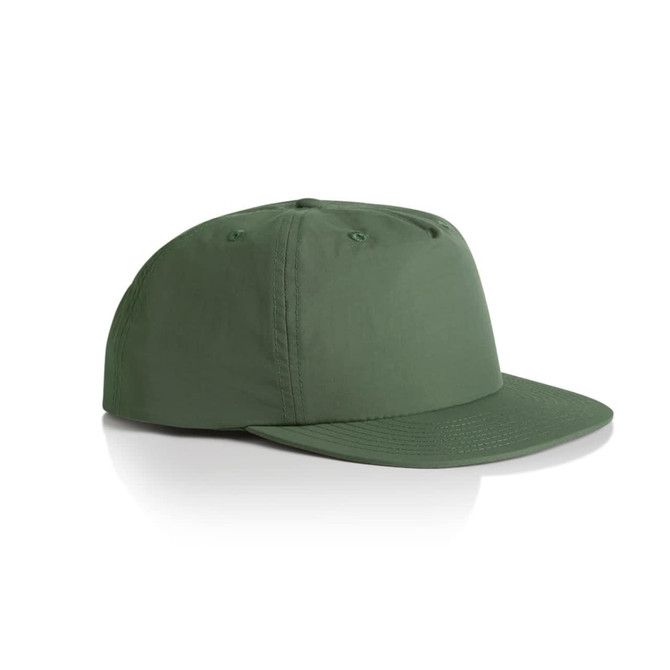 A green cap with a flat brim and a structured crown, featuring a logo on the front.