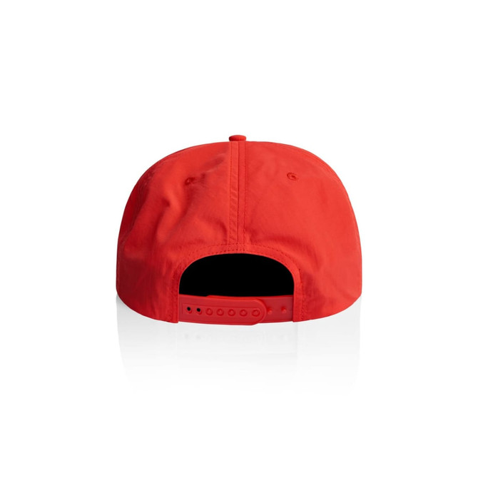 A red cap with an adjustable strap at the back, featuring a logo on the rear.