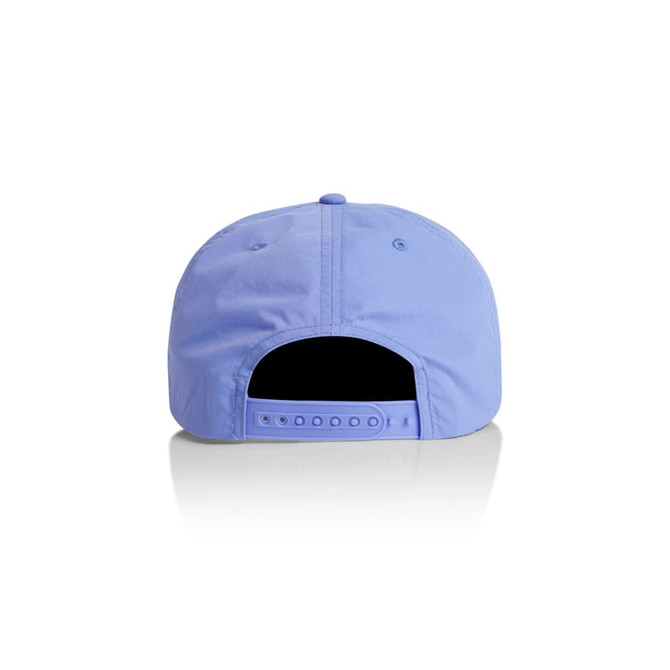 A light blue cap featuring a branded logo on the back and an adjustable strap for size fitting.