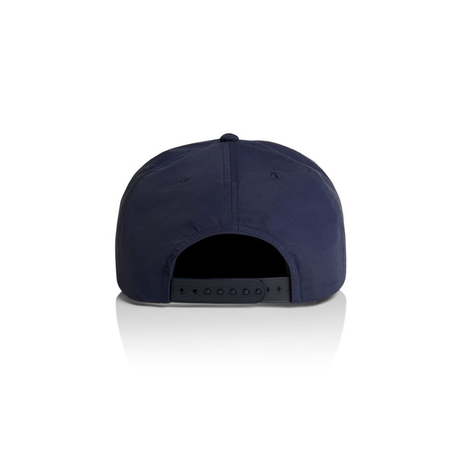 A navy blue cap featuring a snapback closure and a logo on the rear.