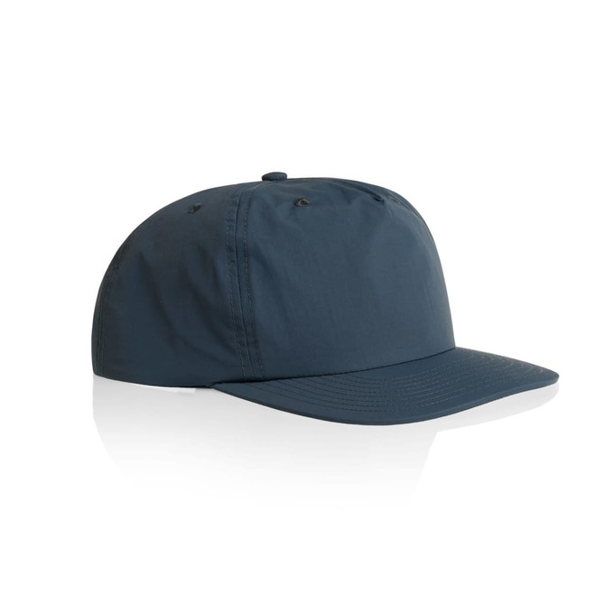 A dark blue cap with a curved brim and a logo on the side. The fabric has a smooth texture.