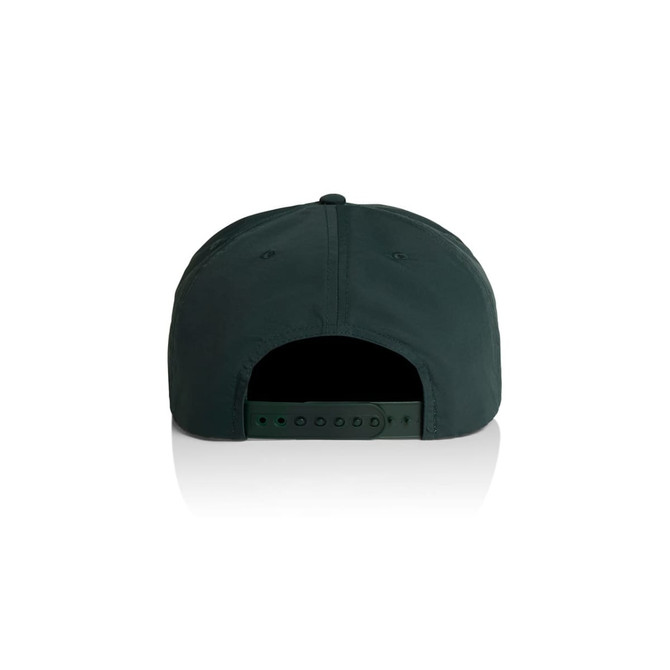 A green cap featuring a branded logo and an adjustable back strap. It has a smooth finish and rounded shape.