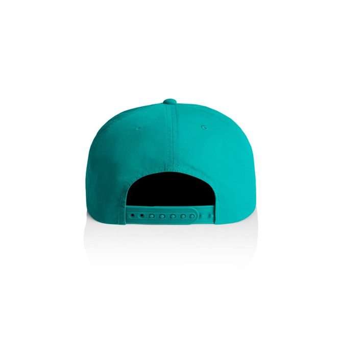 A turquoise cap with a flat brim and an adjustable strap at the back, featuring a logo.