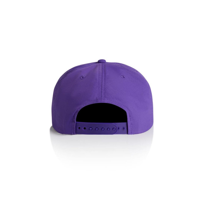 A purple cap featuring a snapback closure and a logo on the back.