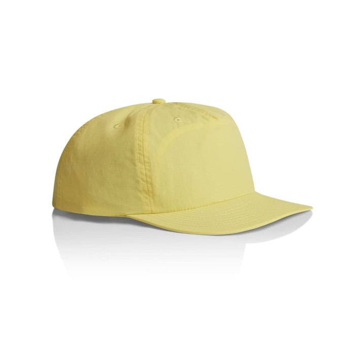 A yellow cap with a curved brim, featuring a logo on the front and a plain design.