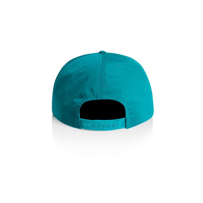A turquoise cap featuring an adjustable strap at the back and a logo on the side.