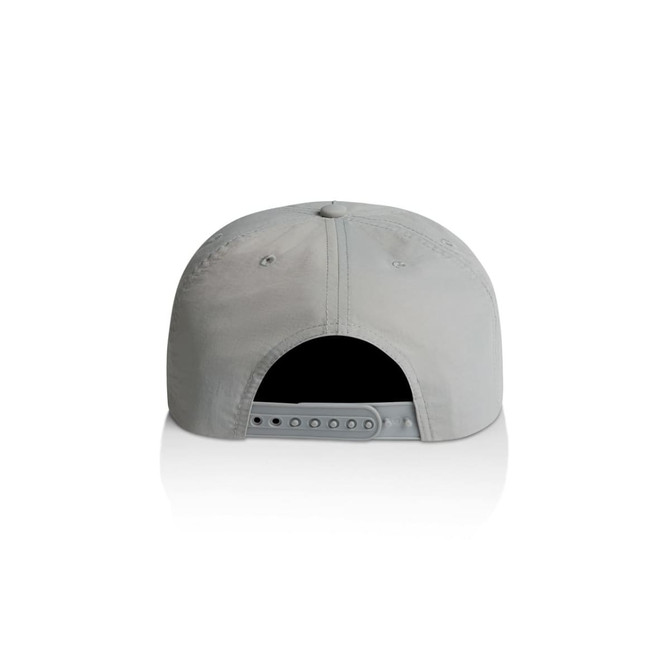 A grey cap featuring a rear adjustable strap and a branded logo.