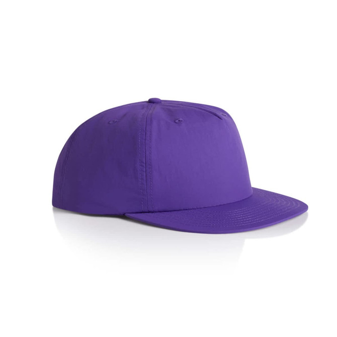 A purple cap with a flat brim and five panels, featuring a logo on the front.