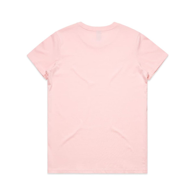 A light pink T-shirt featuring a simple design and a branding logo on the back.