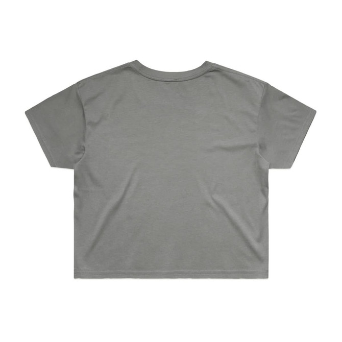 A grey crop tee featuring short sleeves and a relaxed fit, with a simple design and logo on the back.