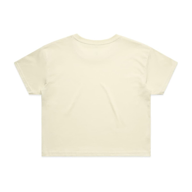 A light cream crop t-shirt featuring a simple design and relaxed fit, with a logo on the back.