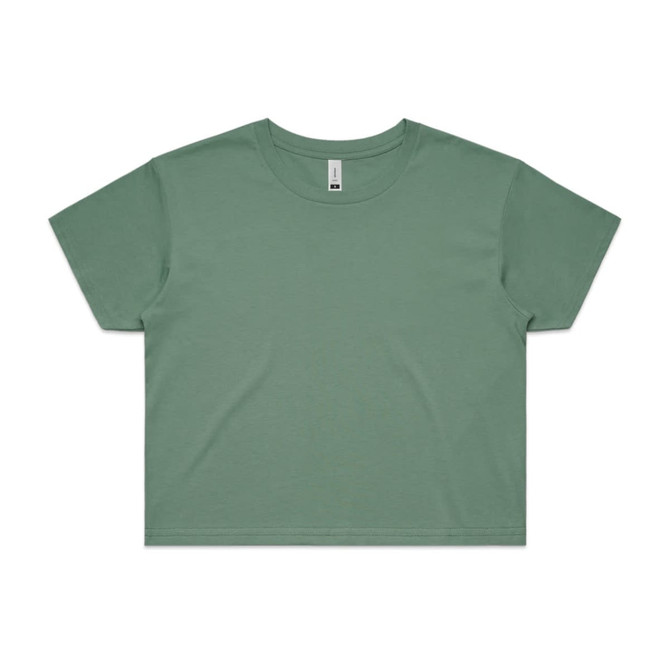 A green cropped t-shirt with a simple design and short sleeves, featuring a logo at the neckline.