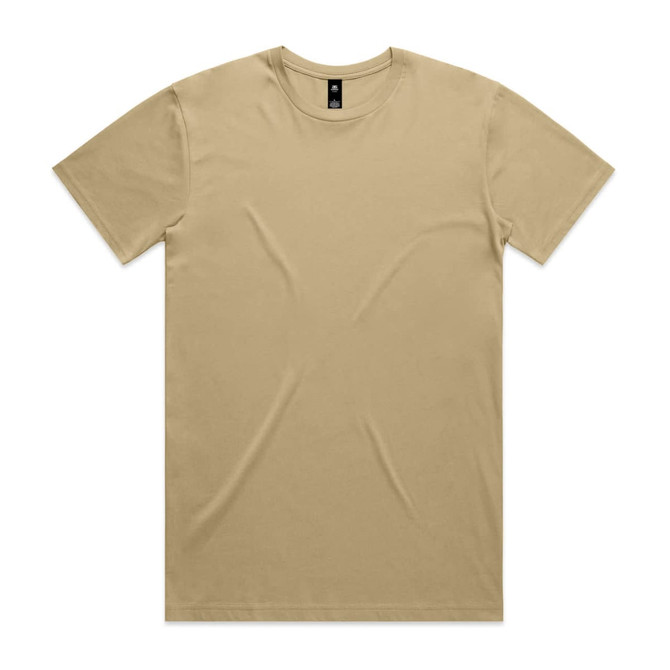 A beige t-shirt with a round neck and short sleeves, featuring a logo on the label.