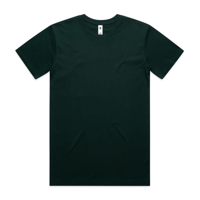 A dark green t-shirt featuring a crew neck design and a small logo on the label.