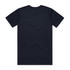 A navy blue T-shirt with a plain back, featuring a logo on the collar.