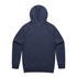 A navy hoodie with a kangaroo pocket and a hood, featuring a logo on the back.