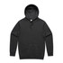 A dark grey hoodie with a front pocket and an adjustable drawstring hood. It features a logo.