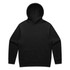 A black hoodie featuring a front pocket and a large hood, with a subtle logo on the design.