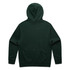 A dark green hoodie with a back view, featuring a hood and long sleeves. It has a logo on the back.