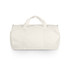 A cream canvas duffel bag with dual handles and a zip closure, featuring a logo on the side.
