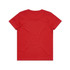 A red kids' t-shirt featuring a plain design and a logo on the back.