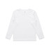 A white long-sleeve t-shirt for kids, featuring a simple design and a logo on the label.