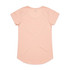 A light peach T-shirt with a rounded hem and a smooth finish. It has a label at the neck and a logo.