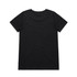 A plain black T-shirt with a classic crew neckline and short sleeves, featuring a logo on the back.