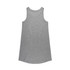 A grey sleeveless dress with a rounded hem and a simple design. Features a brand logo.