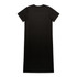 A black dress with short sleeves and a long, straight silhouette, featuring a logo on the back.